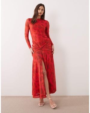 Bardot Lea Mesh Long Sleeve Ruched Waist Slit Front Maxi Dress - Red