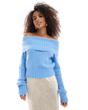 Bershka Fluffy Bardot Jumper - Blue
