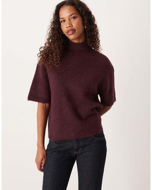 Gina Tricot Short Sleeve Funnel Neck Knitted Wool Alpaca Top - Purple
