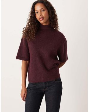 Gina Tricot Short Sleeve Funnel Neck Knitted Wool Alpaca Top - Purple