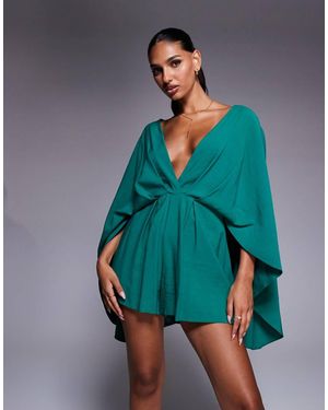 ASOS exaggerated Sleeve Plunge Playsuit - Blue