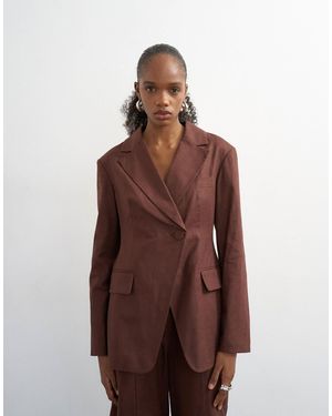 TOPSHOP Linen Blend Co Ord Occasion Strong Shoulder Cinched Waist Blazer - Brown