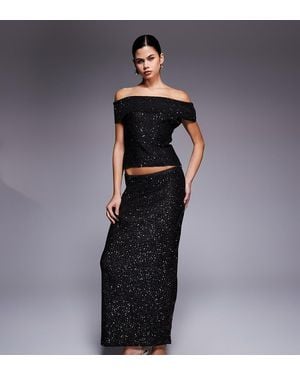 Kaiia Exclusive Off Shoulder Sequin Knit Maxi Skirt Co-ord - Blue