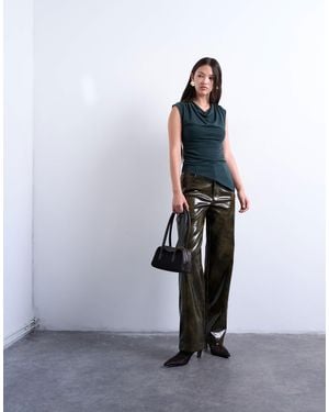 TOPSHOP Faux Leather High Shine Scoop Pocket Wide Leg Pants - Green
