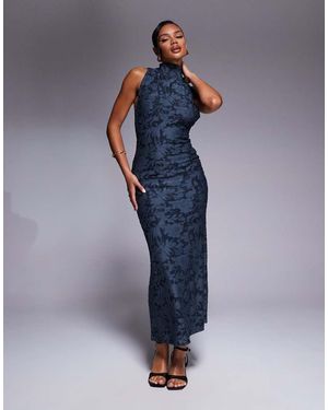 ASOS Halter Neck With Open Back With Drape Detail Devore Maxi Dress - Blue