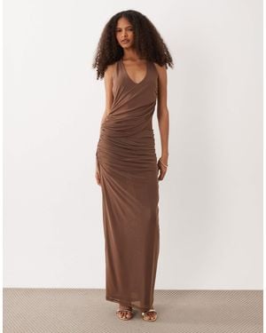 SNDY'S Halterneck Mesh Insert Drape Detail Maxi Dress - Natural