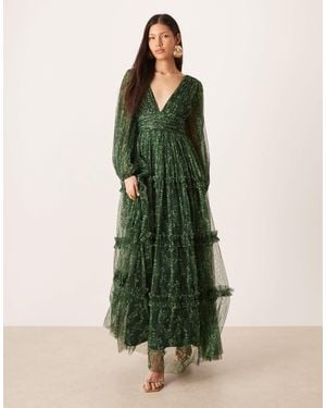 LACE & BEADS Deep V-neck Sheer Bell Sleeve Maxi Dress - Green