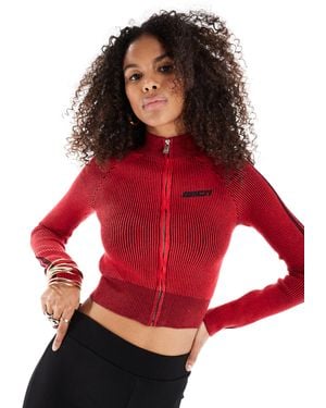 Bershka Zip Through Ribbed Sweater - Red