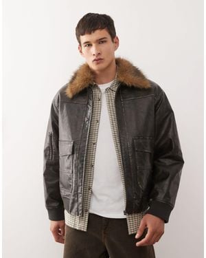 Reclaimed Vintage Leather Look Bomber Jacket With Faux Fur Collar - Grey