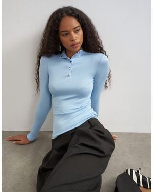 TOPSHOP High Neck Button Rib Long Sleeve Top - Blue