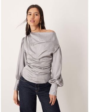 Ghospell Balloon Sleeve Cowl Neck Top - Gray