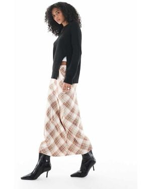 New Look Check Satin Bias Midi Skirt - Natural
