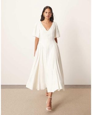 ARRANGE Premium Linen Twist Shoulder Midi Dress - Natural