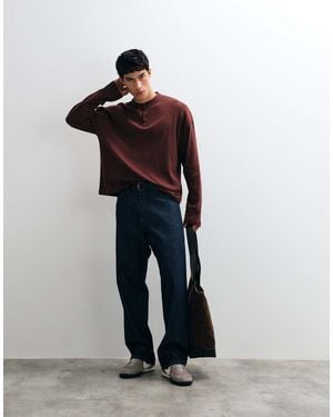 ASOS Boxy Oversized Long Sleeve T-shirt With Henley Neck In - Brown