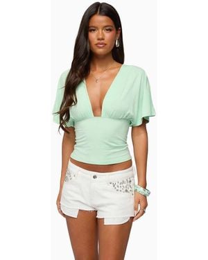 Edikted Betee Flutter Plunge Neck Top - Green
