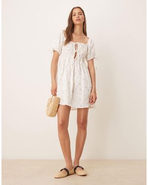 esmé studios Esmee Exclusive Tie Front Puff Sleeve Mini Beach Dress - Natural