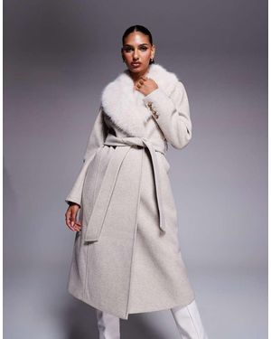 Forever New Formal Belted Longline Detachable Faux Fur Shawl Collar Coat - Natural