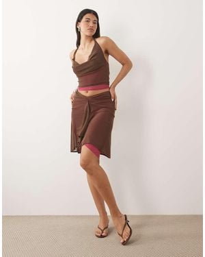 Motel Erinhadi Pink Lace Hem Midi Skirt - Brown
