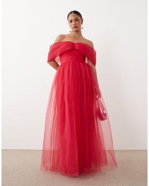 LACE & BEADS Off Shoulder Tulle Maxi Dress - Red