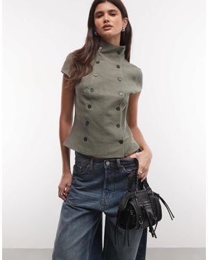 Weekday High Neck Textured Button Top - Green
