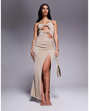Aria Cove Asymmetrische Maxi-Jurk Met Halternek, Knopen, Uitsnijdingen En Split - Grijs