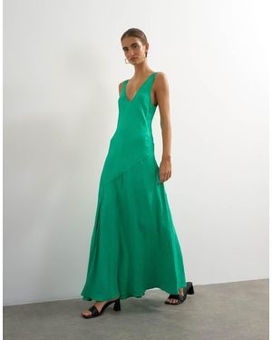 TOPSHOP Satijnen Jacquard Maxi Jurk Met Laag Ingezette Taille En Lage Ronde Hals - Groen