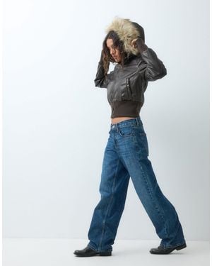 Hollister Y2k Cropped Faux Leather Padded Jacket With Fur Hood - Blue