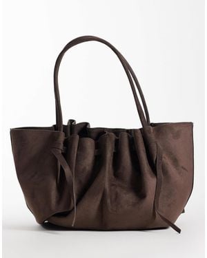 Gina Tricot Ruched Suede Tote Bag With Long Straps - Brown