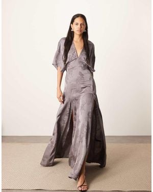 ARRANGE Modern 30s Maxi Satin Jacquard Dress With Shoulder Pad - Natural
