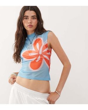 Collusion Sheer Placement Print Mesh Funnel Neck Top - Blue