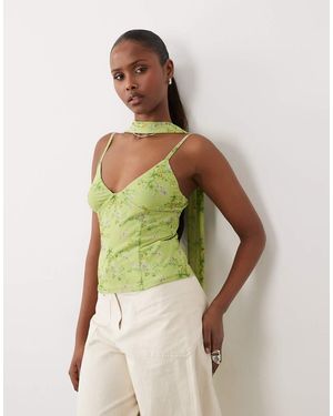 ASOS Printed Mesh Cami Top With Scarf Detail - Green