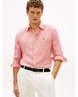 Tommy Hilfiger Regular Fit Bengal Stripe Pure Linen Shirt - Pink