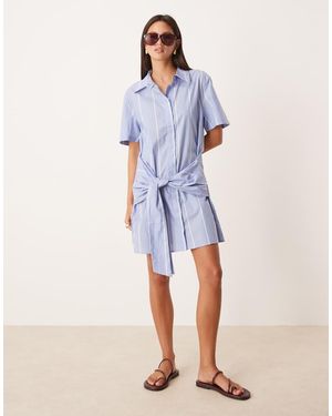Mango Cotton Shirt Dress With Waist Tie Up - Blue