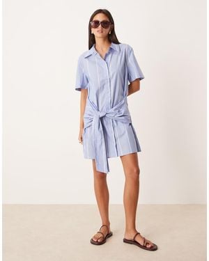 Mango Cotton Shirt Dress With Waist Tie Up - Blue