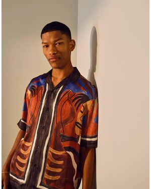 TOPMAN Short Sleeve Face Print Satin Shirt - Orange