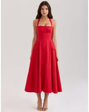 House Of Cb Claudia Stretch Cotton Button Halter Neck Midi Dress - Red