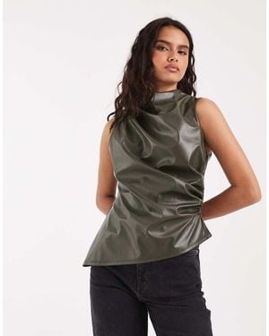 River Island Ruched Faux Leather Top - Green