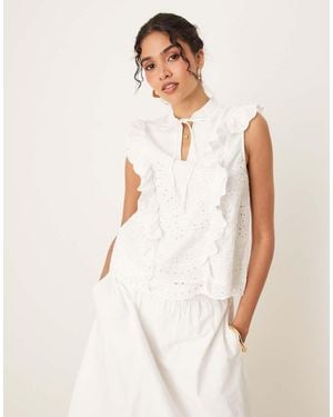 Y.A.S Broderie Frill Detail Tie Neck Top Co-ord - White