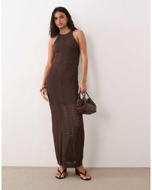 Y.A.S Zigzag Crochet High Neck Sleeveless Midi Dress - Brown
