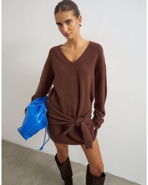 TOPSHOP Knitted Tie Front Long Line Mini Sweater Dress - Brown