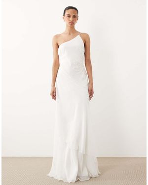 Six Stories Chiffon One Shoulder Embellished Detail Tiered Maxi Dress - White