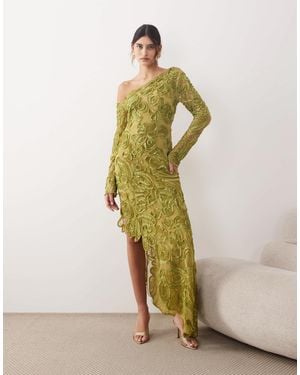 ARRANGE Floral Embroidered And Embellished Off Shoulder Maxi Dress - Green