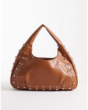 Pieces Gold Studded Slouchy Shoulder Bag - Brown