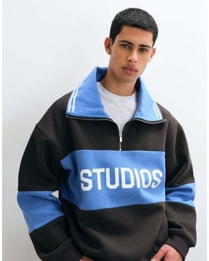 ASOS Oversized Spread Collar Half Zip Sweatshirt With Contrast Rib, Cut & Sew Panel And Print - Blue