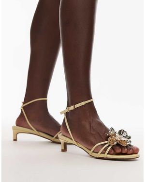 TOPSHOP Inaya Kitten Heel Strappy Sandal With Gold Flower - Brown