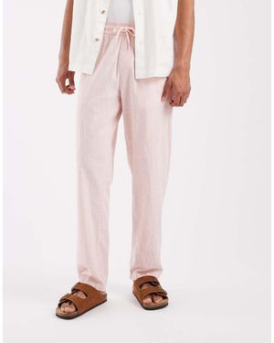 Blend Pantalones De Corte Estándar Con Cordón Ajustable En La Cintura De Algodón Y Lino-Rosa
