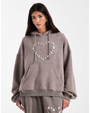 Daisy Street Button Heart Detail Oversized Hoodie - Brown