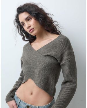 Pieces Wrap Front Knitted Jumper - Grey