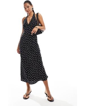 Pull&Bear Polka Dot Halterneck Midi Dress - Blue