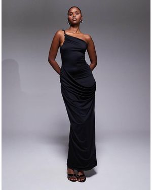 Aria Cove Double Sculpted Slinky Asymmetric Open Back Drape Front Detail Maxi Dress - Blue